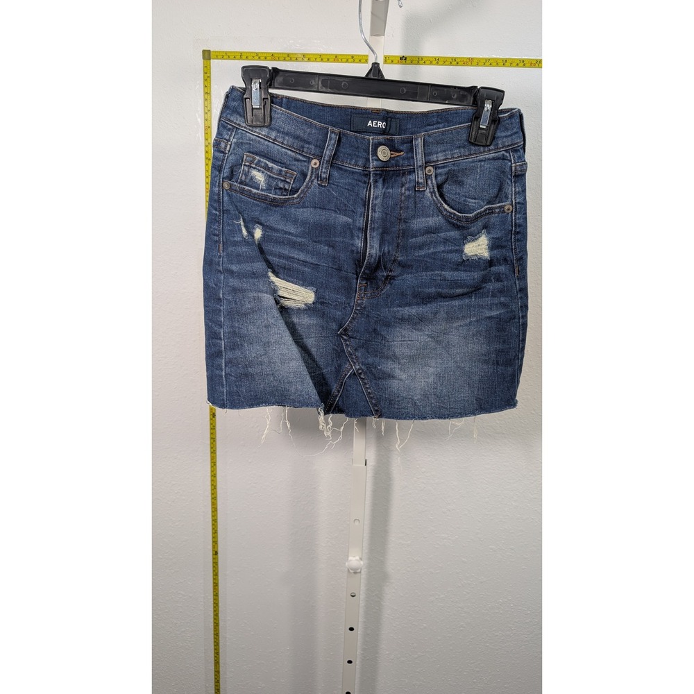 Aeropostale Aero High Rise Distressed Denim Mini Skirt Blue Raw Hem Size 2